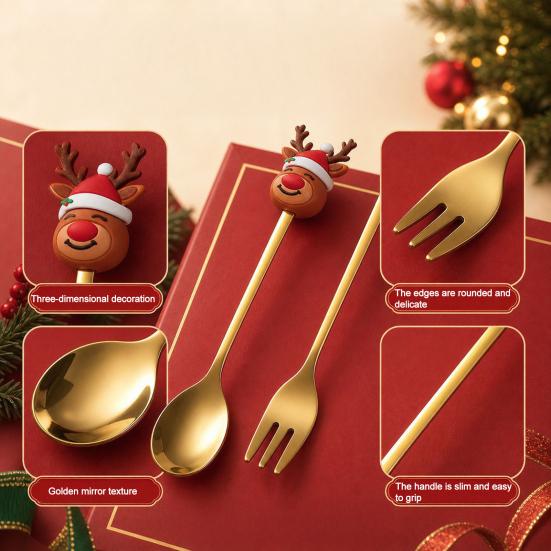 Weihnachtsgabel/Löffel, Langlebiger Edelstahl, mit Niedlicher 3D-Weihnachtspuppen-Dekor Besteck, für Festliches Zuhause Restaurant
