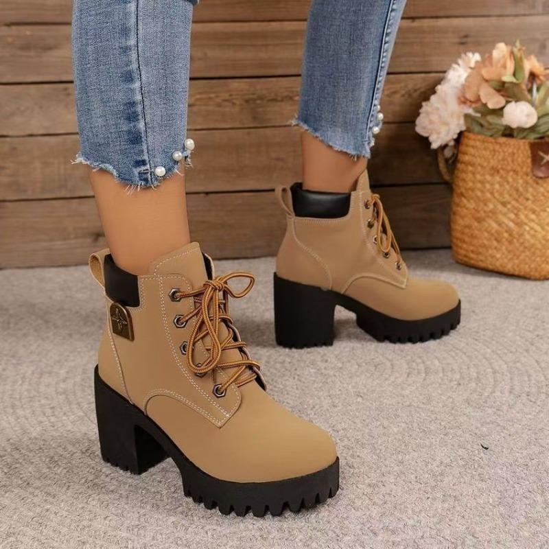 Large Size Thick Heel Martin Boots Women's Autumn and Winter Thick-soled Waterproof Table Casual Lace-up Versatile Short Boots
