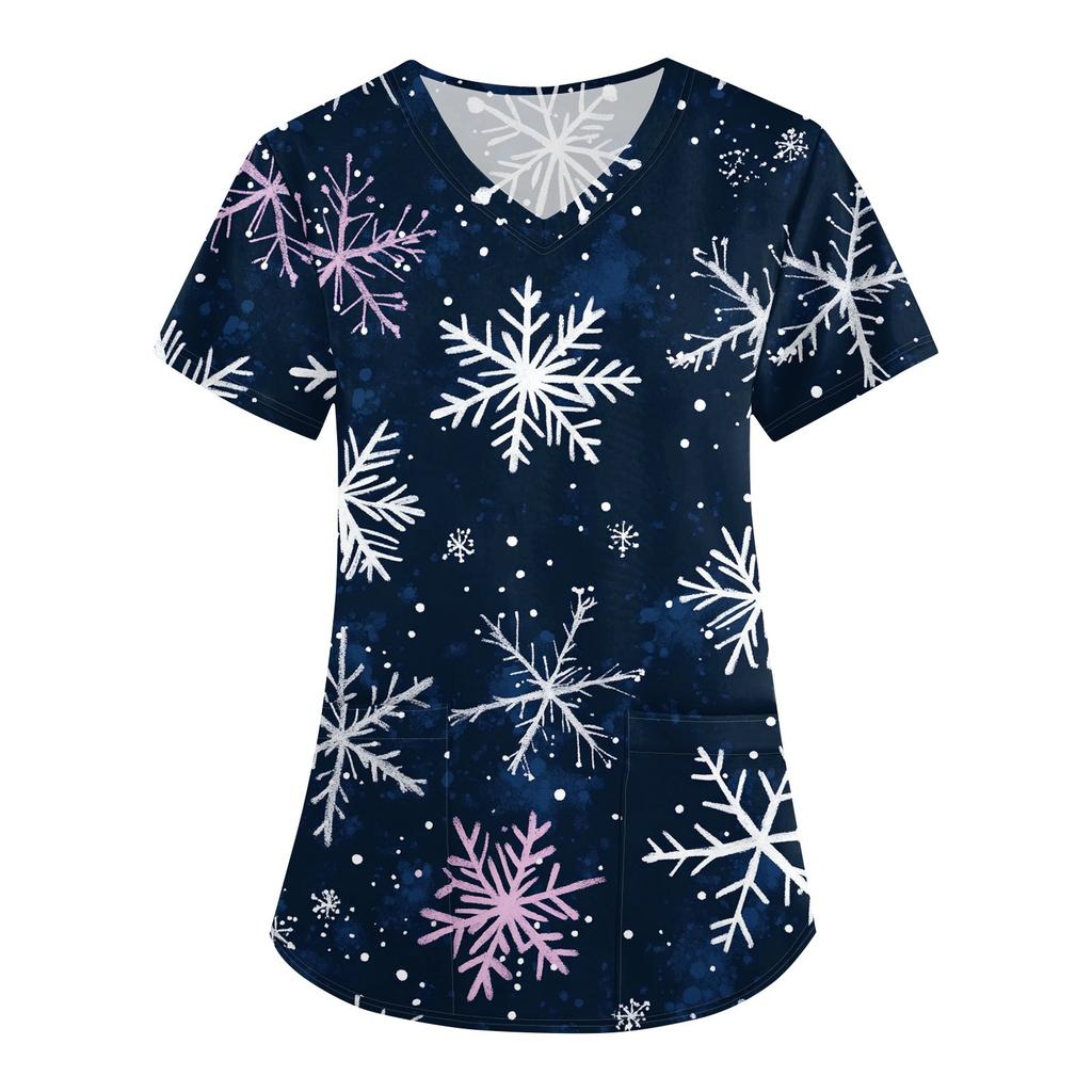 Modischer Overall mit V-Ausschnitt und kurzen Ärmeln für Damen mit Taschen und weihnachtlichem Aufdruck