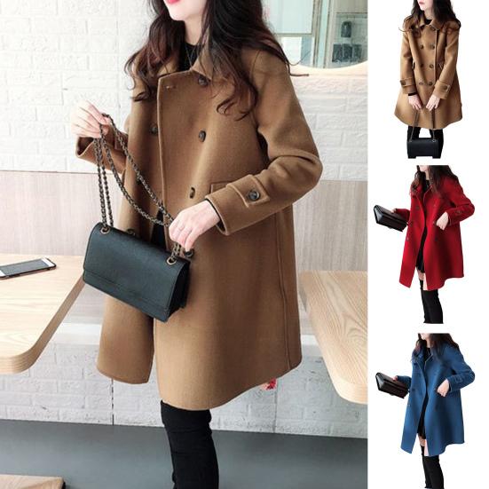 Women Fall Winter Trench Coat Double-breasted Thick Warm Vintage Woolen Mid Length