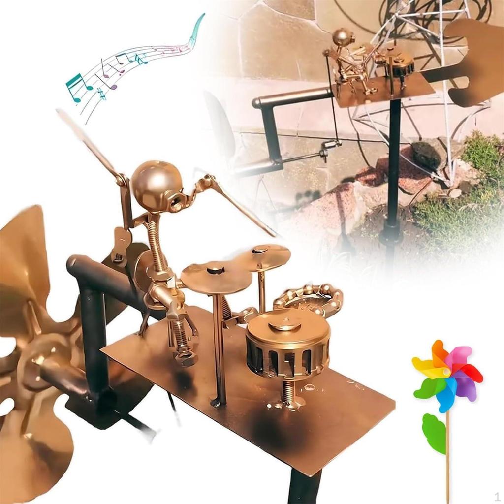 Drummer Wind Sculpture Art Garden Decor Metal Steampunk Percussionist Figurine Statue for