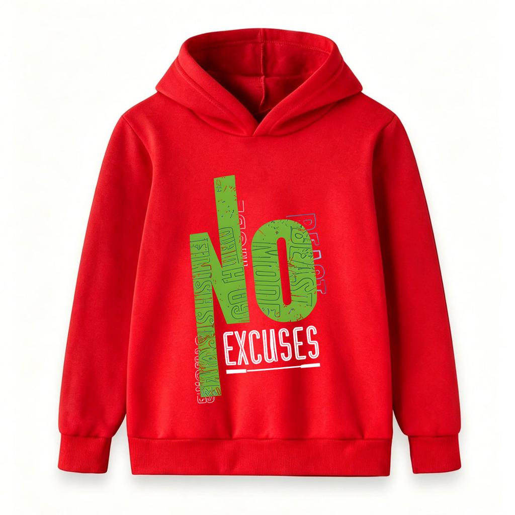 Unisex Kids Boys Girls Pullover Hoodie Sweatshirt, No Excuses Slogan Print Casual Soft Long Sleeve Hooded Top for Daily School Sport Wear, Ages 3-12 Y