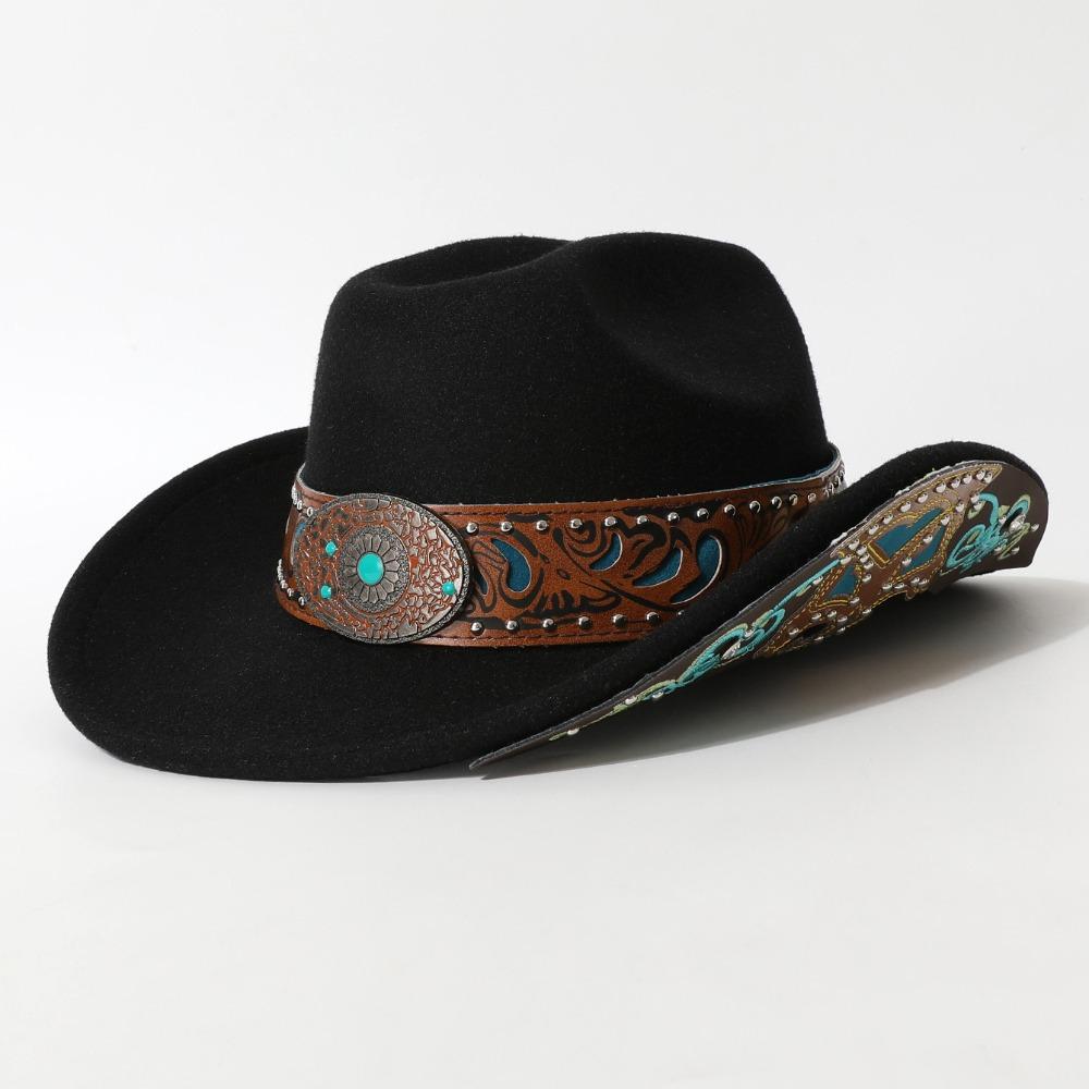 Turquoise Decor Wide Brim Sun Hat Embossed Band Cowgirl Hat Stage Performance Hat For Women Man