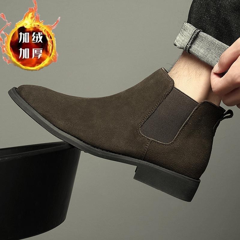 

Extra Large Size Men s Autumn and Winter Breathable British Style Pointed Head Turning Fur Short Boots High-top Leather Shoes Heightening Medium-top 49
