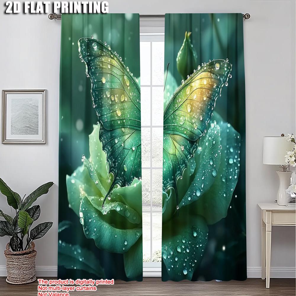 2pcs   Upscale Curtains 2D print Green Butterfly & Blooming Rose Versatile 100% Polyester (without rod) Stuff Clearance Perfect