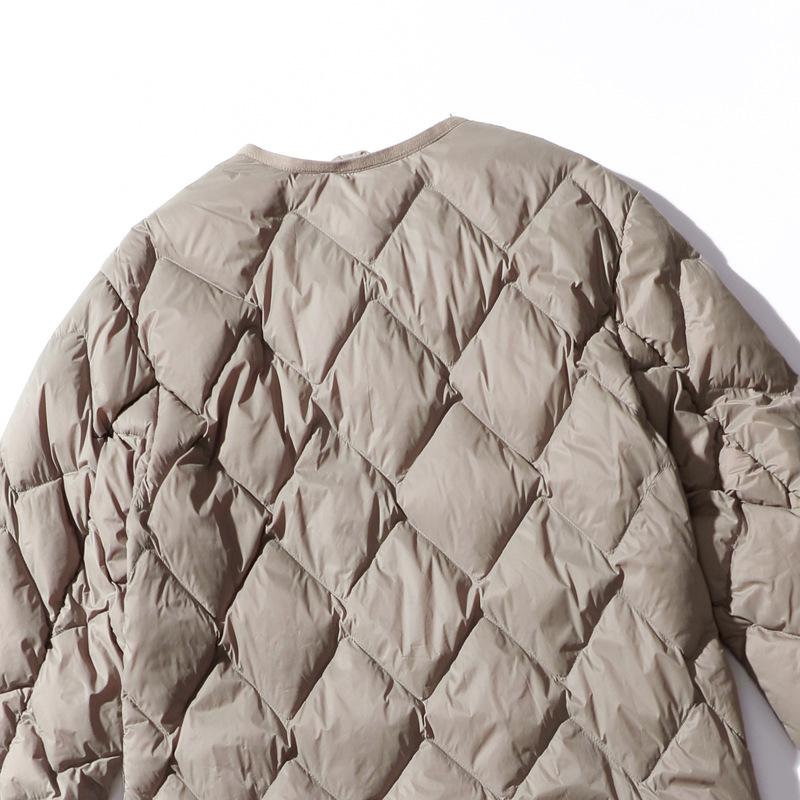 Women Ultralight White Duck Down Long Jacket Argyle V-neck Collar Casual Autumn Winter Outwear Coat