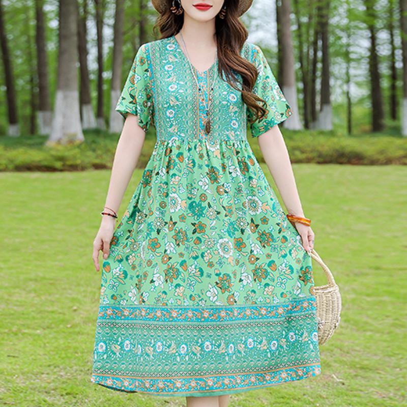 Elegant Women's Dress Summer Vintage Clothes Loose Short Sleeve Plus Size Casual Long Dresses