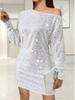 2024 Spring/Summer Women's One-Shoulder Sequin Midi Dress with Long Sleeves