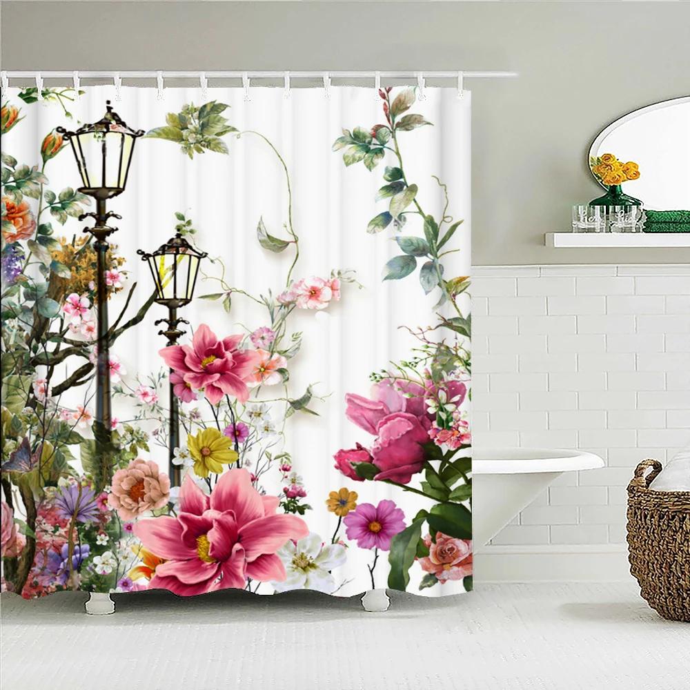 Romantic Retro Blooming Flowers Shower Curtain Garden Bath Curtains Waterproof Polyester Bathroom Shower Curtains Set with Hooks