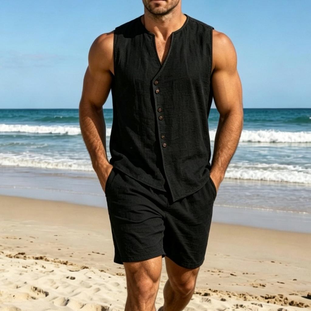 Men Solid Color Simple Casual Short Sleeve Shirt And Shorts Summer Beach Suit