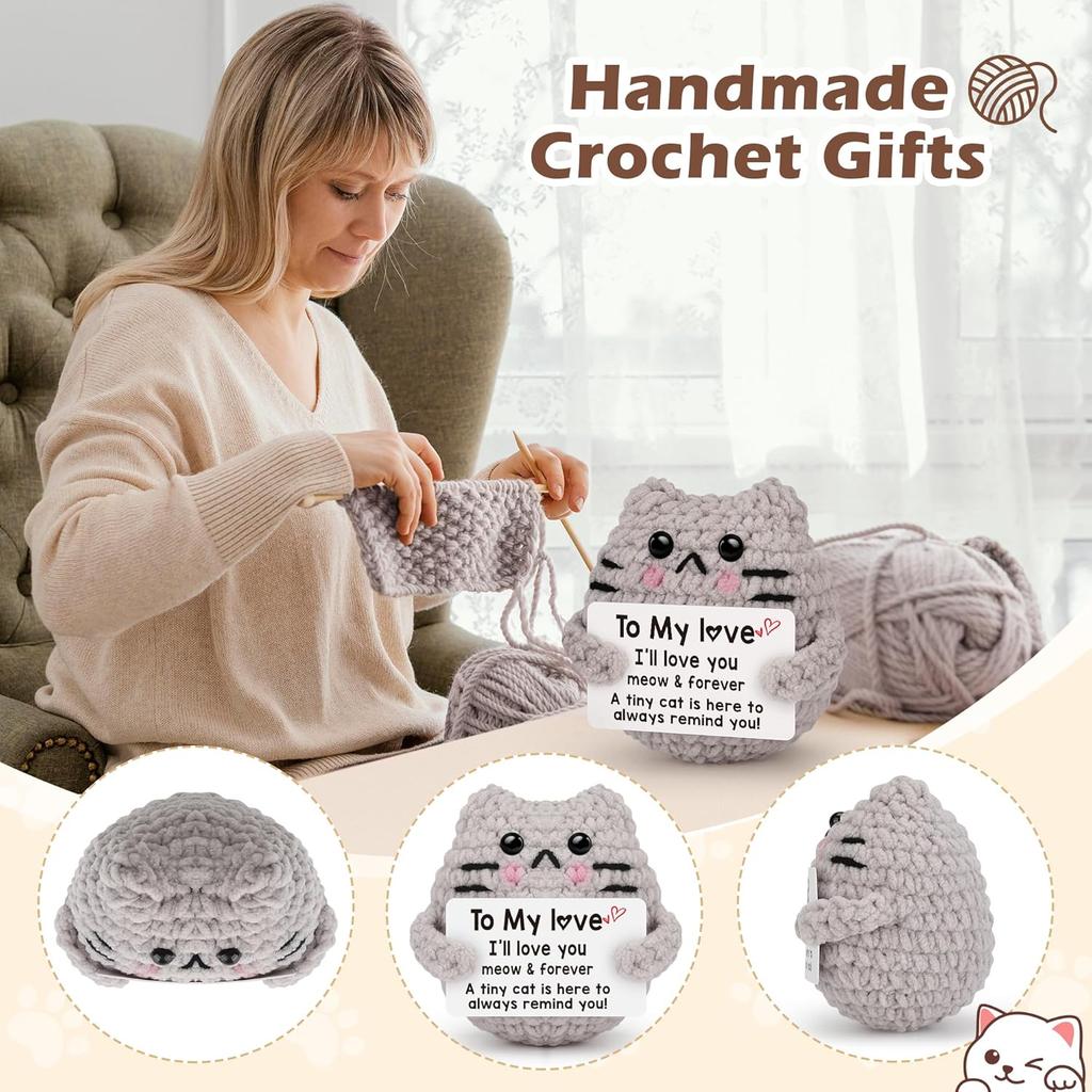 Handmade Knitted Cat Doll With Positive Card Home Room Decoration Funny Crochet Emotional Support Cat Ornament Christmas Gift