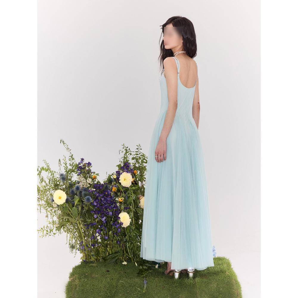 Super good-looking and beautiful temperament fake wind mint green suspender dress waist a word long dress women's summer