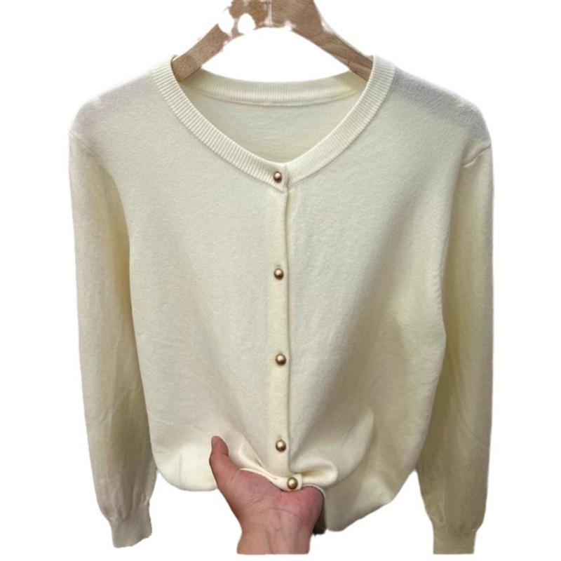 Solid color crew neck knitted cardigan women's spring and autumn new design sense long sleeve sweater jacket top trendy