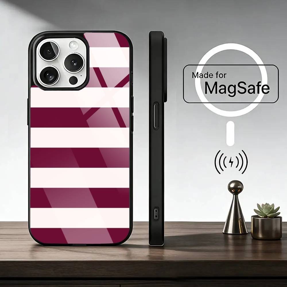 Burgundy White Stripe pattern Phone Case For iPhone17,16,15,14,13,12,11 Plus,Pro Magnetic For Magsafe Wireless Charging iPhone13