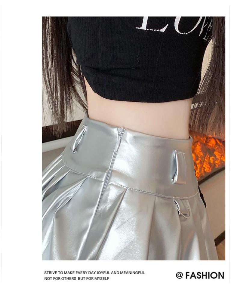 Women's High-Waist Silver Pleated A-Line Skirt with Built-In Shorts - Petite Fit, Leather, Autumn Style
