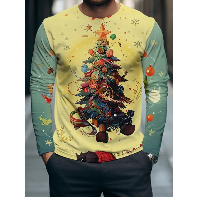 Autumn and Winter Men's 3D Animal Geometric Printing Crew Neck Long Sleeve T-Shirt