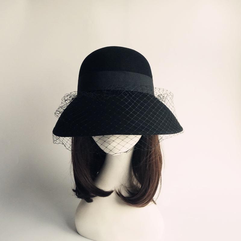 French Retro Mesh Black Woolen Woolen Basin Hat Women'S Autumn And Winter Hepburn Elegant British Versatile Fisherman Top Hat Foreign Trade