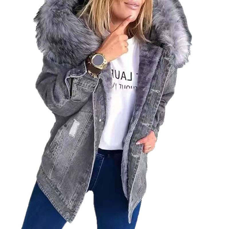 Giacca di jeans strappata foderata in pile da donna - Collezione Autunno/Inverno 2024, Stile Europeo & Americano