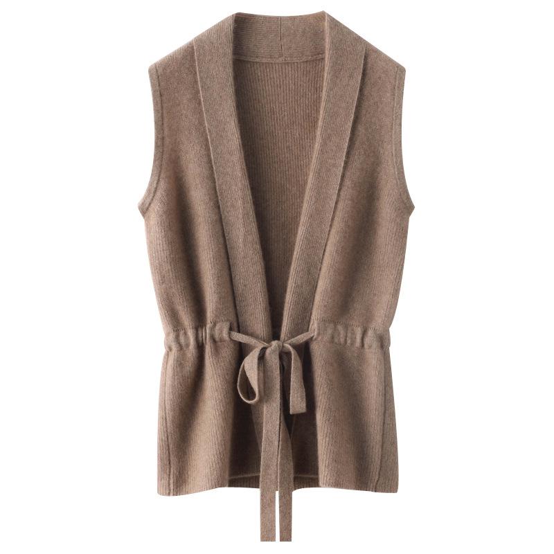 

Женский шерстяной жилет с V-образным вырезом: Модная, плотная, универсальная трикотажная куртка без рукавов с завязками на талии