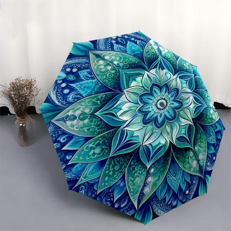 Blue Lotus Flower Mandala Wall Art PrintUmbrella with Cute Design,Portable 3-Fold Compact Umbrella for Men&Women,Valentine's Day Mother's Da