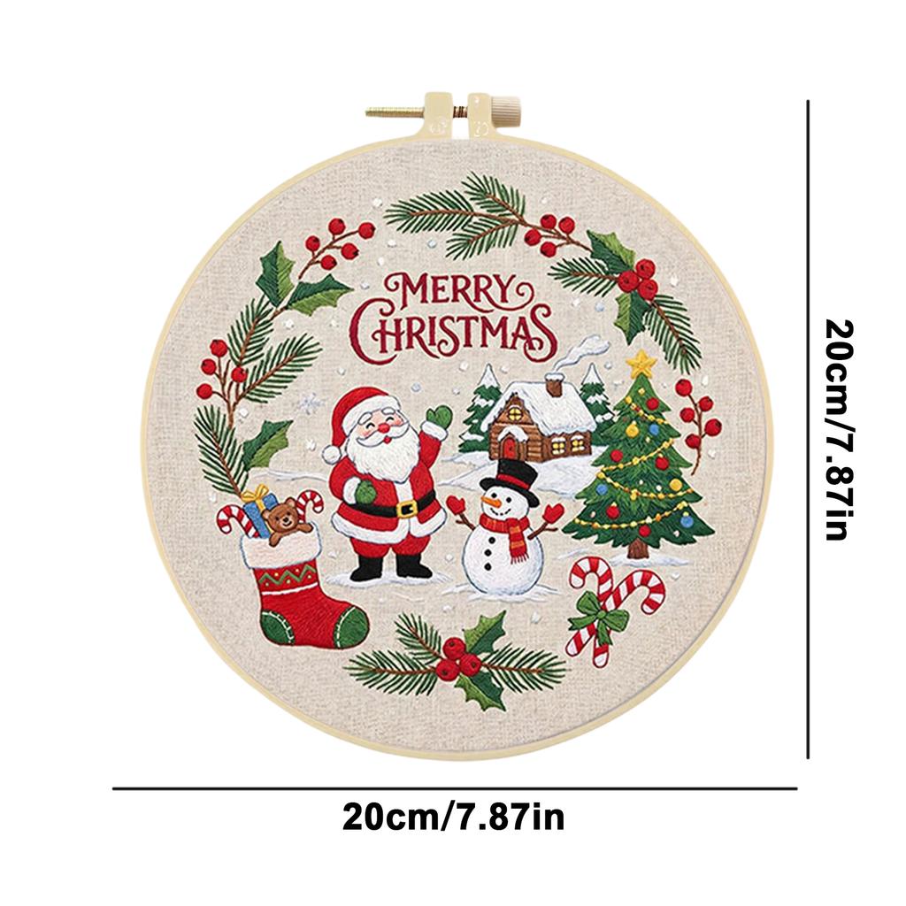 Christmas Embroidery Craft Set DIY 30x30cm Cotton Printed Fabric with 20cm Hoop Thread Needle Beginner Kit