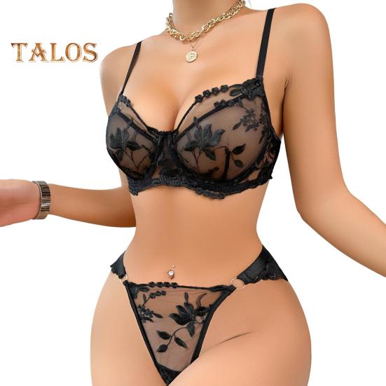 2 Pcs/Set Bra Briefs Set See-through Lace Embroidery with Wire Thin High Waist Tong Wedding Night Honeymoon Valentines Day Underwear Set