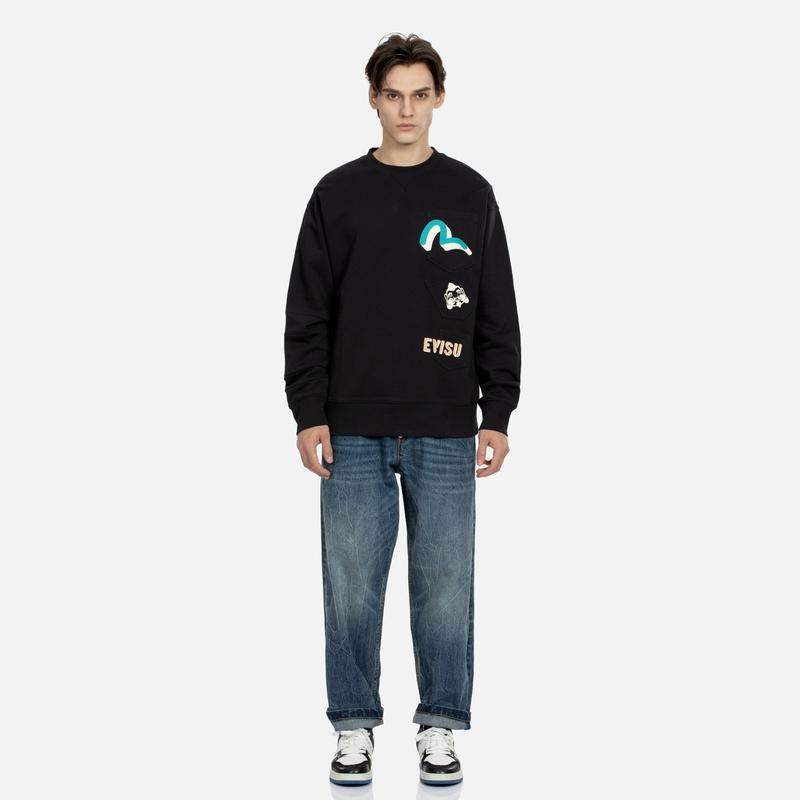 Evisu Pullover Seagull And Buddha Head Print Multi-Pocket Oversized Crewneck Sweatshirt Men sweatshirt 2ESHTM4SW8044LFCT