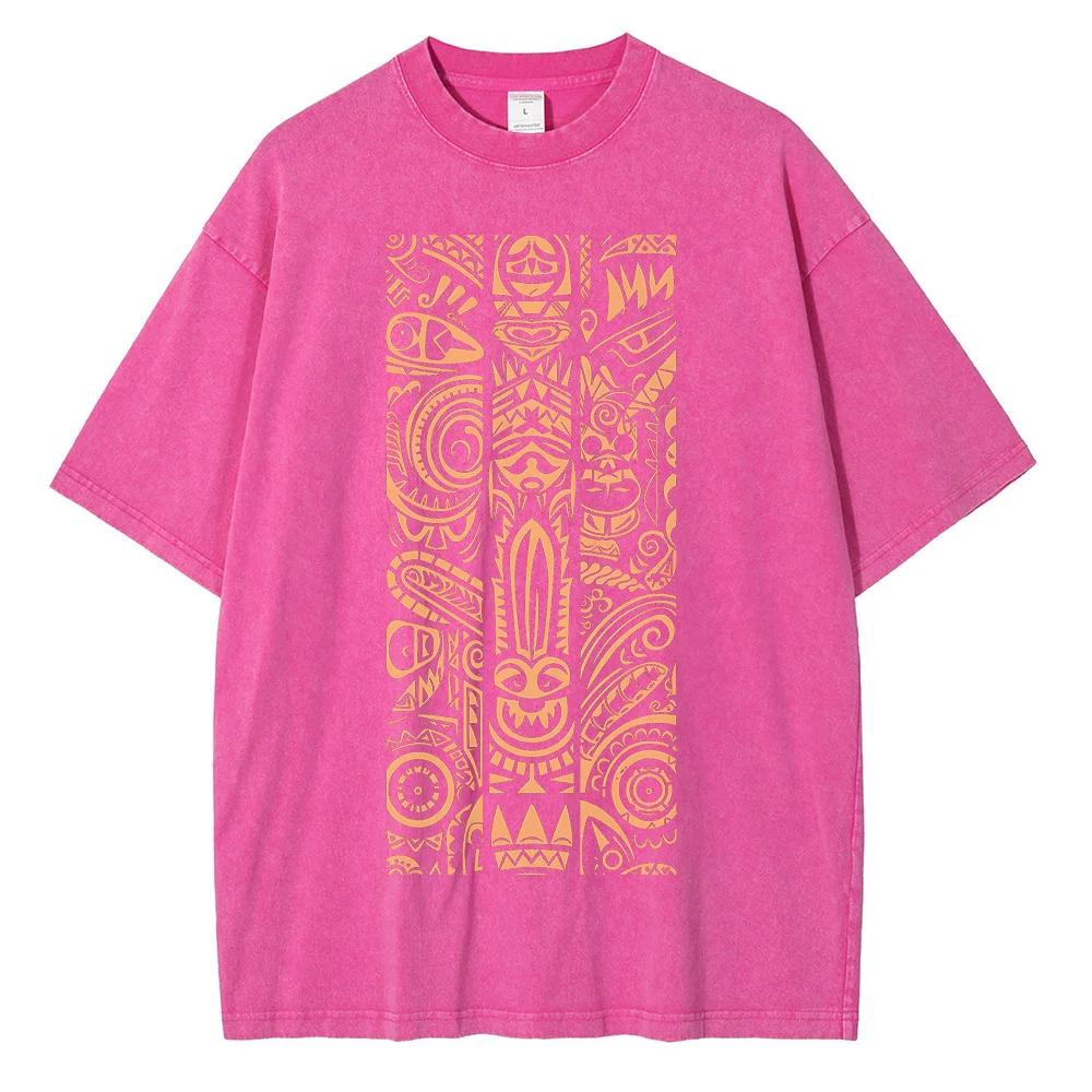 Tribal Tattoo Style Pattern printed T-shirt Summer Men's and Women's Fashion water wash vintage T-shirt Style top