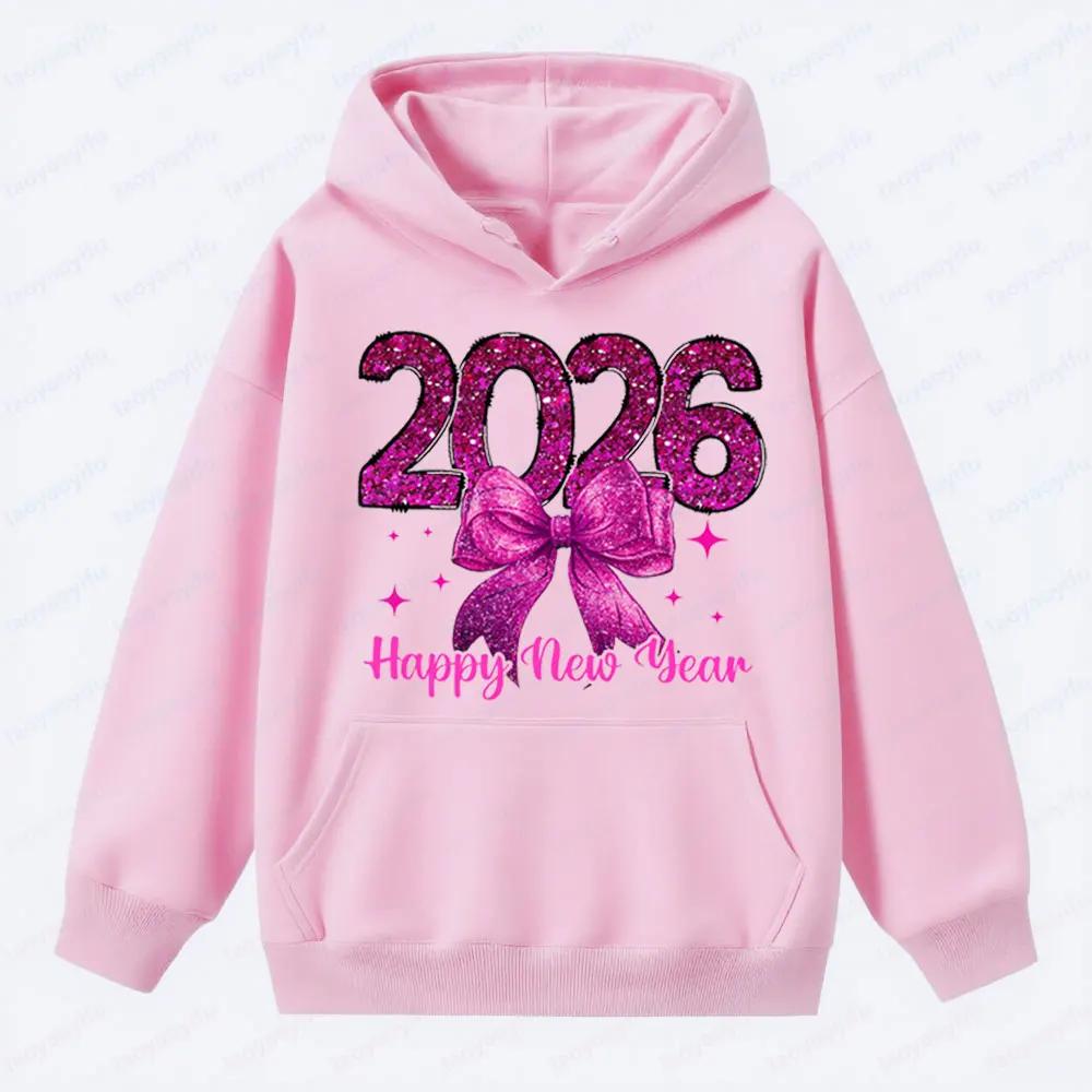 Happy New Year 2026 Clothing NYE Party Apparel Pink Glitter Girly New Year Hoodies Women Fashion Trend Holiday Sweatshirt