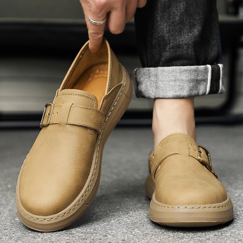 Fashion Italian Men's Casual Leather Shoes Genuine Leather Retro Office Thick Bottom Loafers Monk Shoes Slip-on Outdoor Driving Flats