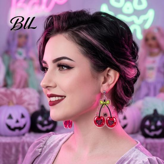 Dark Style Pendant Earrings 1 Pair Acrylic Cherry for Women, 2D Fruit Dangle Drop Halloween Party Jewelry with Spider Web And Bow, Punk Goth Aesthetic