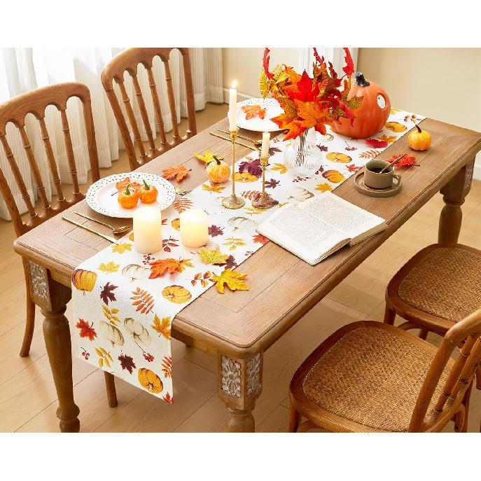 YATOJUZI Maple Leaf Pumpkin Table Runner - Fall Autumn Table Runners Home Kitchen Dining Table Decorations Decor for Thanksgiving Day Party - 13x72