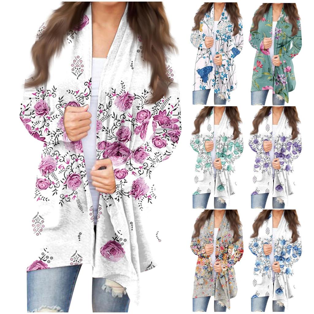 Women's Fashion Casual Floral Print Medium Length Cardigan Jacket Coat