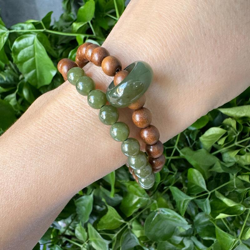 Sandalwood & Hetian Jade Double Circle Bracelet with 925 Silver for Men & Women