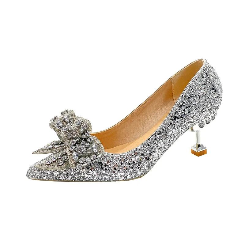 Fashion Women's Rhinestone Wedding Shoes New Year Shoes Luxury Buckle Decorative Banquet Women's Shoes High Heels Gold Silver Red