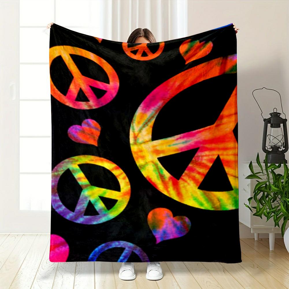 Tie-Dye Peace Symbols and Hearts Blanket Flannel blanket for bedroom, living room, sofa, and nap sofas.