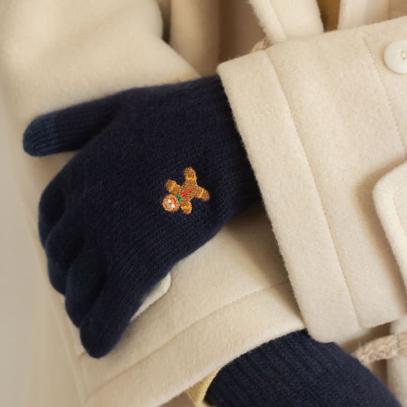 SNOOZY Gingerbread Man Embroidered Wool Knit Gloves Navy