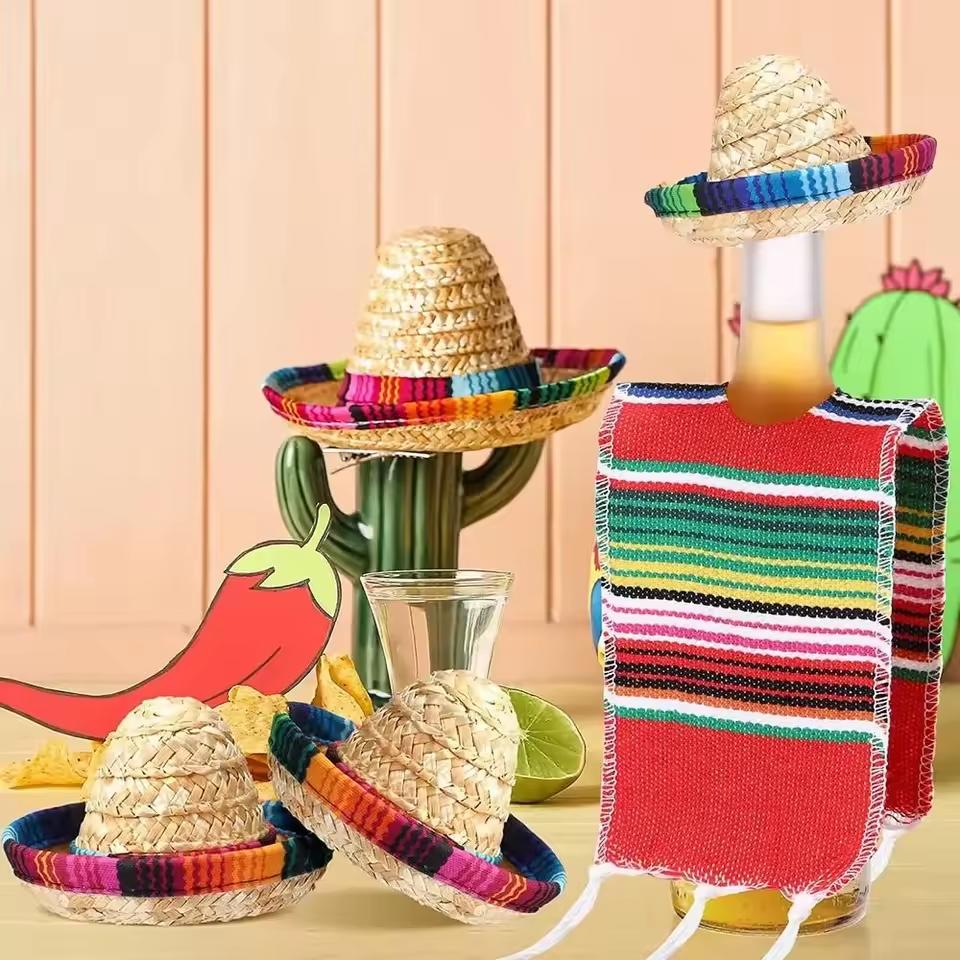 Mini Mexican Carnival Straw Hat Red Wine Bottle Hat Natural Woven Hat Party Decor Small Straw Hat Doll Dining Table Party Prop