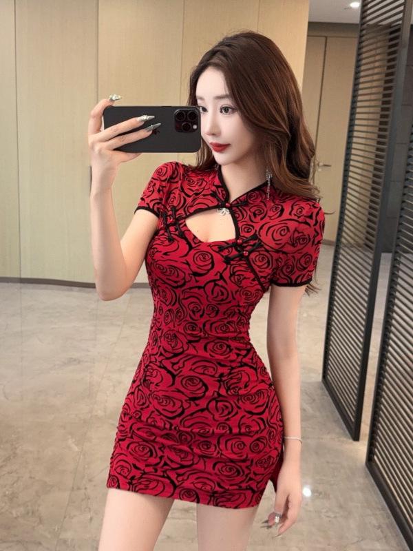 Rochie Bodycon Cheongsam cu Imprimeu pentru Femei - Ținută Sexy Flocking de Club de Noapte