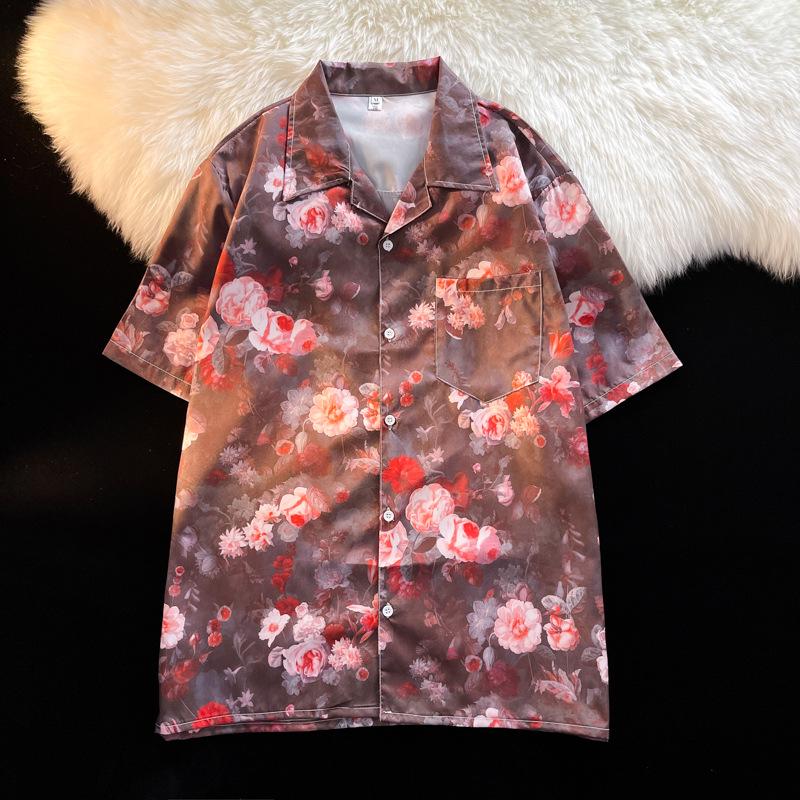 Unisex Vintage Kubakrage Blomsterskjorte - Løs passform, Hong Kong-stil, Kort erm, Perfekt for strand og par