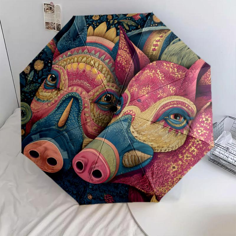 Motivo a maialino, ombrello pieghevole automatico, design portatile e pieghevole, 8 stecche, un regalo di Natale o di compleanno.