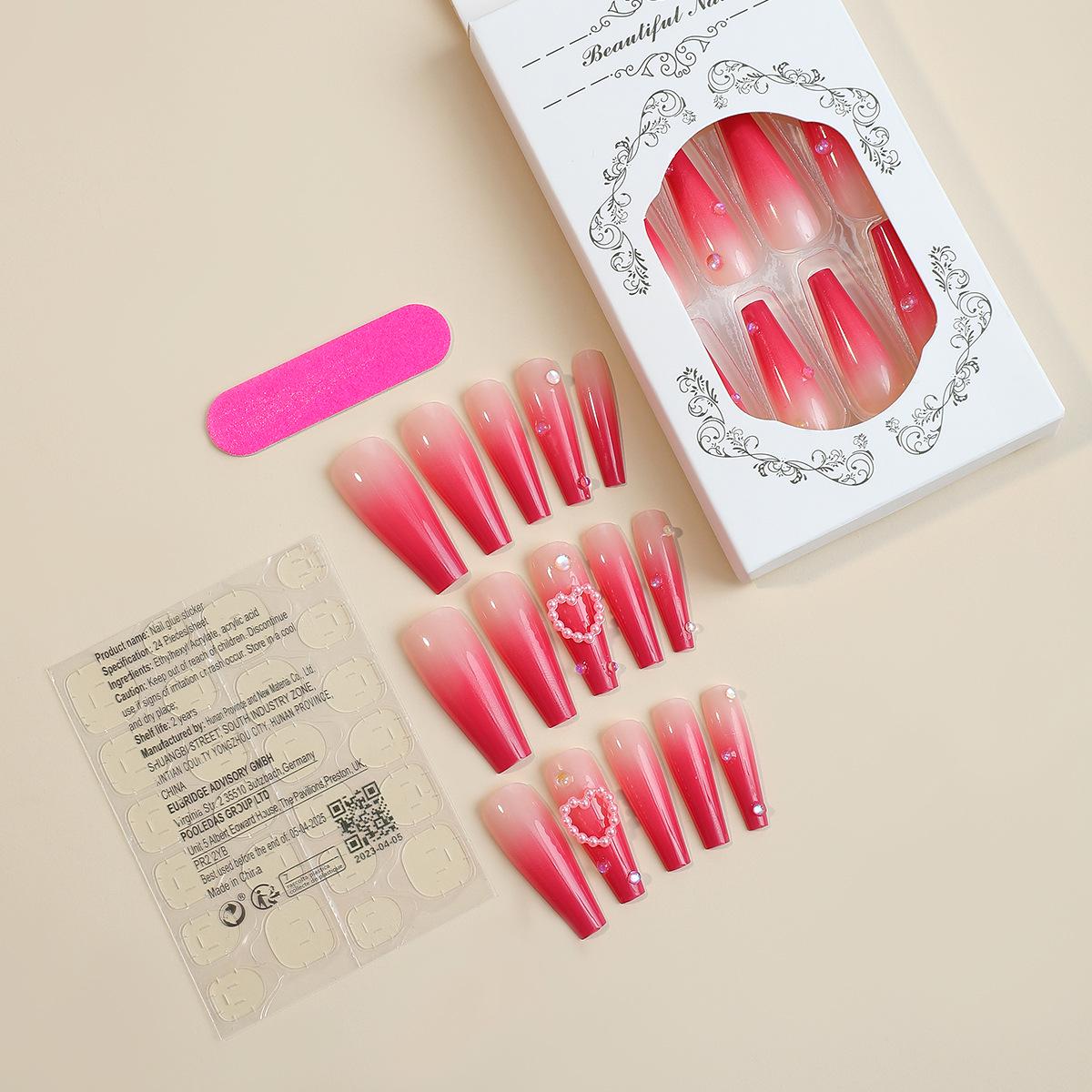 

Gradient Blush Trapezoidal Rhinestone Nail Tips with Heart Design