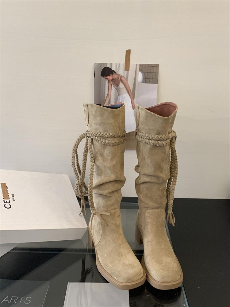 

Xieyiren fringed thick heel medium and high boots western cow information women s pile boots thick-soled knight boots but knee 39