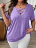 Women V Neck Cross Tie Short Sleeve T-Shirt Solid Color Casual Top