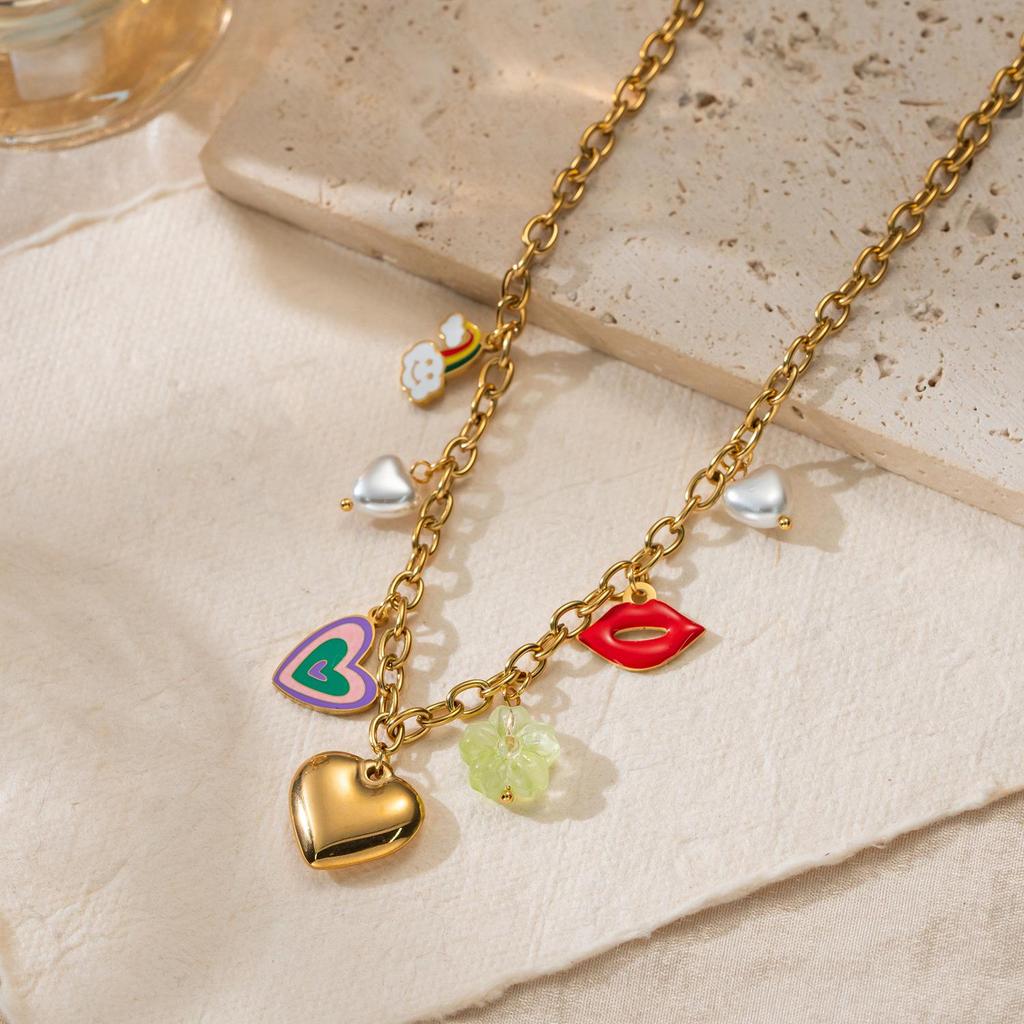 18K Gold Plated Stainless Steel Heart, Lips, and Flower Pendant Necklace for Women