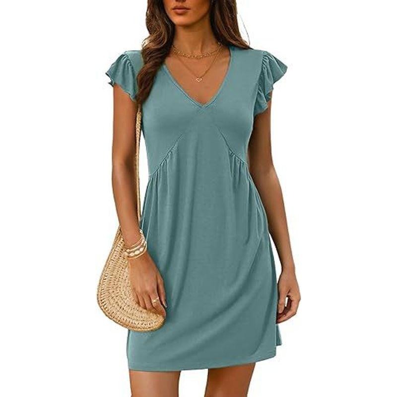 V-neck Flying Sleeve Solid Color Dress V-neck Ruffled Sleeve Pure Color Dress