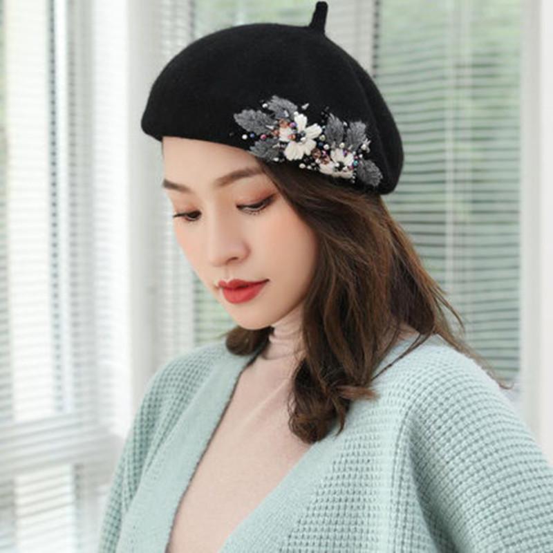 Beret Hats for Women French Artist hat Fashion Ladies Winter Beanie Embroidered Handmade Flower with Colorful Crystal