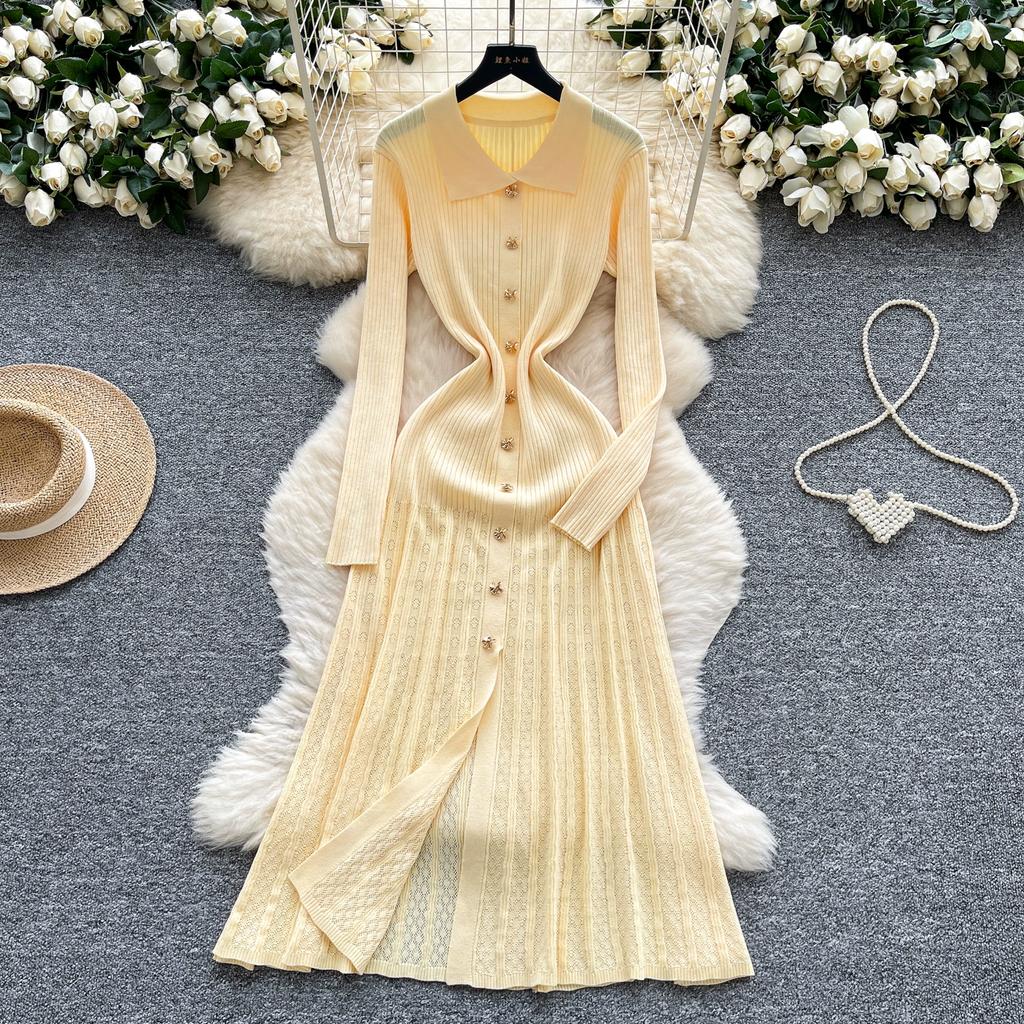 Autumn Winter Women Elegant Polo Collar Knitted Sweater Metal Button Long Maxi Split Pullover Dresses