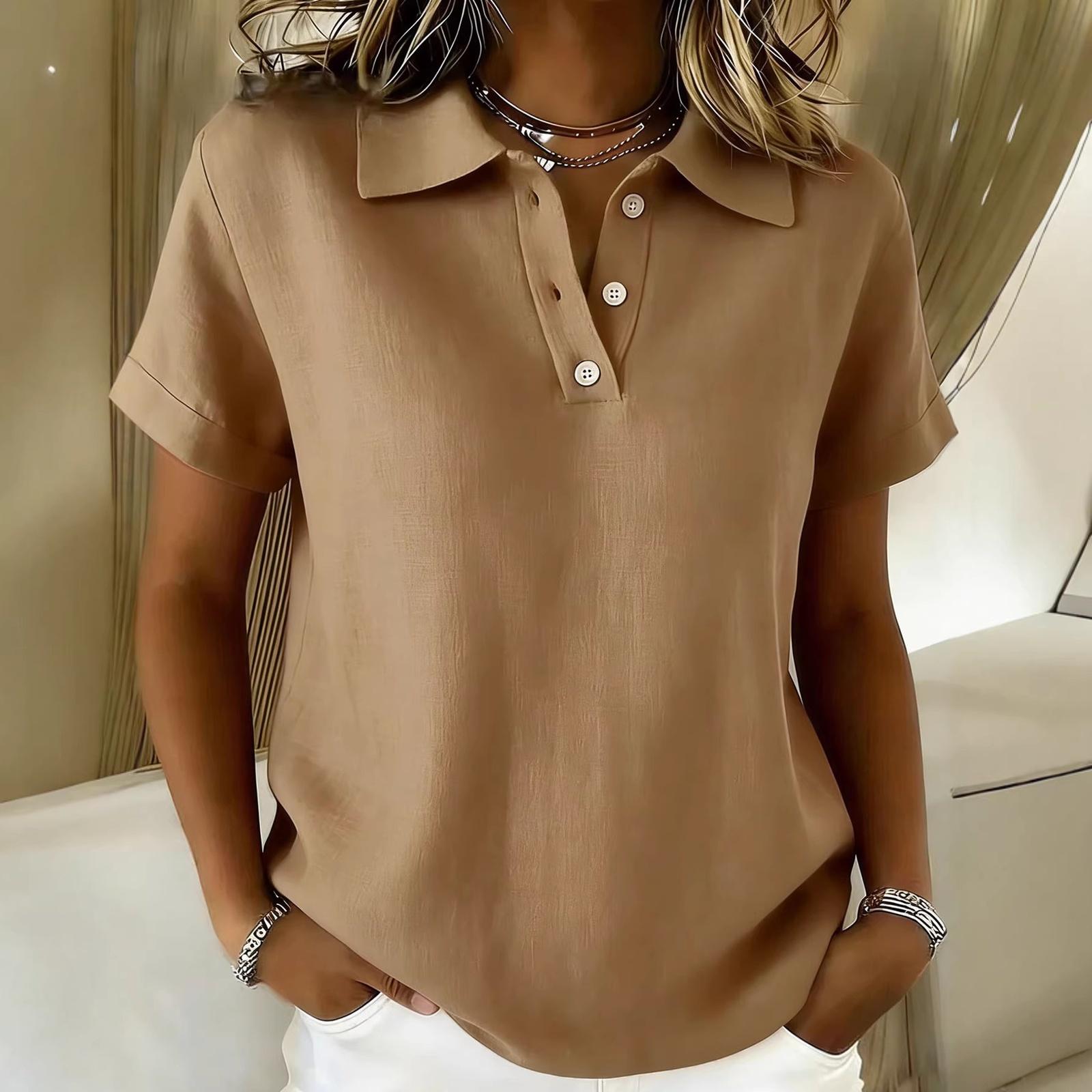 Ladies  Fashionable Casual Button Cotton Linen Short Sleeved Shirt Top L хаки