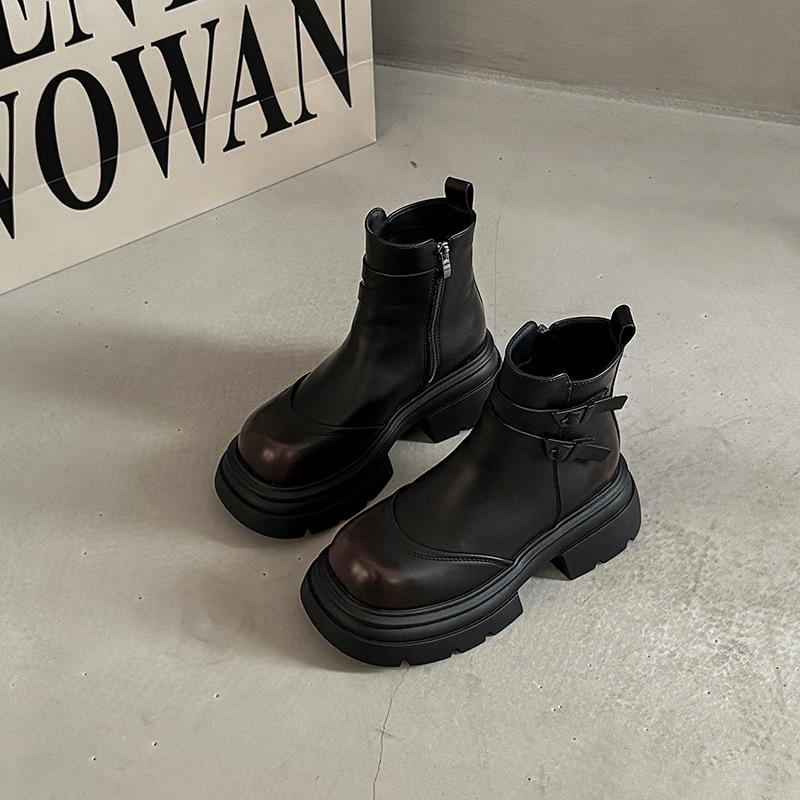 

British style thick-soled buckle thick heel heightened trouser boots 2025 autumn and winter trend versatile leather boots simple knight boots 40 коричневый